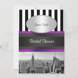 NYC Skyline BW Blk Wht Strp Purple P Bridal Shower Invitation
