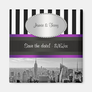 NYC Skyline BW Blk Wht Strp Purple P Save Date Magnet