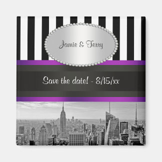 NYC Skyline BW Blk Wht Strp Purple P Save Date Magnet