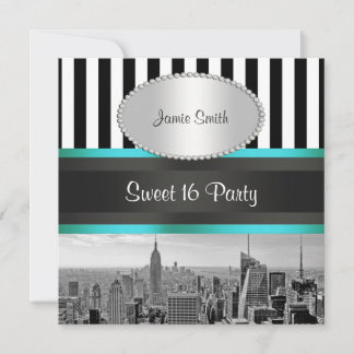 NYC Skyline BW Blk Wht Strp Teal P Sweet 16 Party Invitation