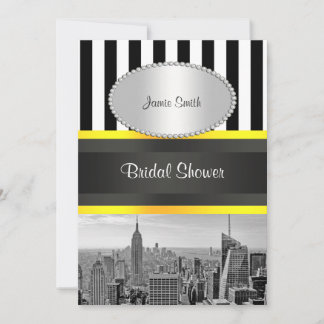 NYC Skyline BW Blk Wht Strp Yellow P Bridal Shower Invitation