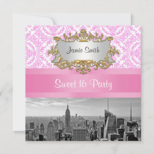 NYC Skyline BW D4P Pink Damask Sweet 16 Party Invitation