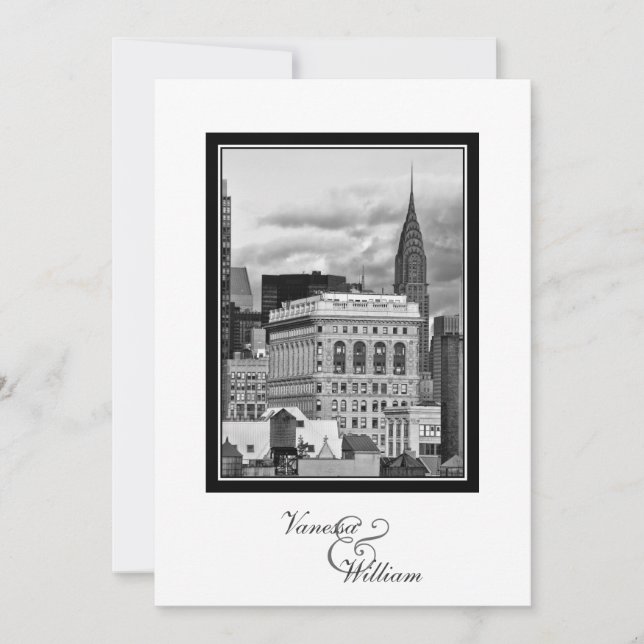 NYC Skyline Chrysler Flatiron BW Wedding #1 Invite (Front)