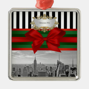 NYC Skyline Empire St Bldg Xmas Blk Wht Strp #2 Metal Tree Decoration