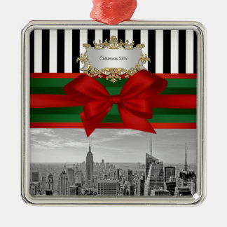NYC Skyline Empire St Bldg Xmas Blk Wht Strp #2 Metal Tree Decoration
