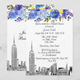 NYC Skyline ESB Etch Blue Yel Floral Bridal Shower Invitation