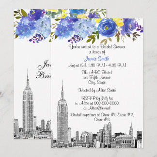 NYC Skyline ESB Etch Blue Yel Floral Bridal Shower Invitation