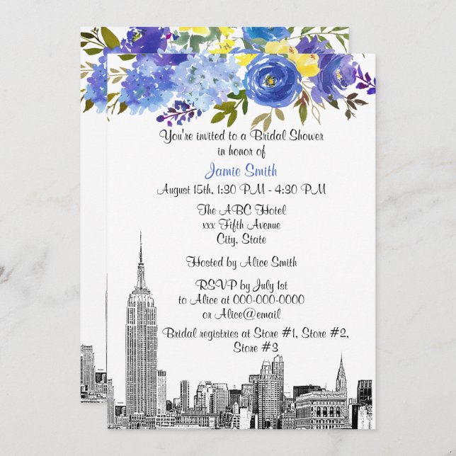 NYC Skyline ESB Etch Blue Yel Floral Bridal Shower Invitation (Front/Back)