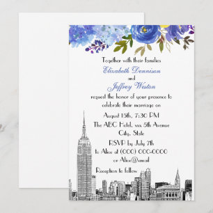 NYC Skyline ESB Etch Blue Yellow Floral Wedding Invitation