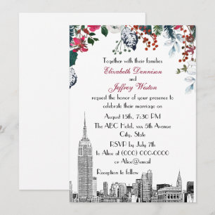 NYC Skyline ESB Etch Burg Blu Green Floral Wedding Invitation