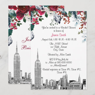 NYC Skyline ESB Etch Burg Grn Floral Bridal Shower Invitation