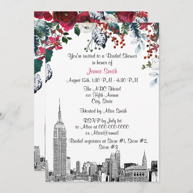 NYC Skyline ESB Etch Burg Grn Floral Bridal Shower Invitation (Front/Back)