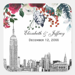 NYC Skyline ESB Etch Burgundy Grn Floral Watercolr Square Sticker