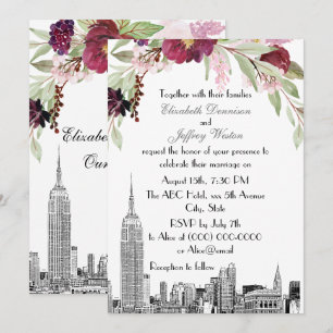 NYC Skyline ESB Etch Burgundy Pink Floral Wedding Invitation