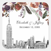 NYC Skyline ESB Etch Burgundy Plum Floral Wedding