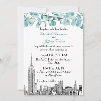 NYC Skyline ESB Etch Eucalyptus Wedding Invitation