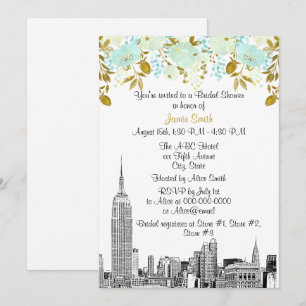 NYC Skyline ESB Etch Mint Gld Floral Bridal Shower Invitation