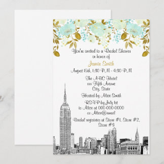 NYC Skyline ESB Etch Mint Gld Floral Bridal Shower Invitation