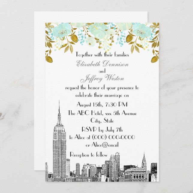 NYC Skyline ESB Etch Mint Gold Floral Wedding Invitation (Front/Back)