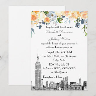 NYC Skyline ESB Etch Peach Blues Floral Wedding Invitation