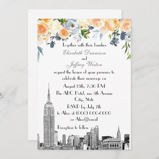 NYC Skyline ESB Etch Peach Blues Floral Wedding Invitation (Front/Back)