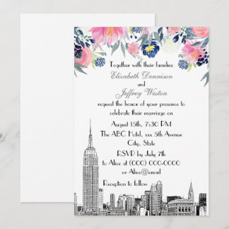 NYC Skyline ESB Etch Pink Blue Floral Wedding Invitation