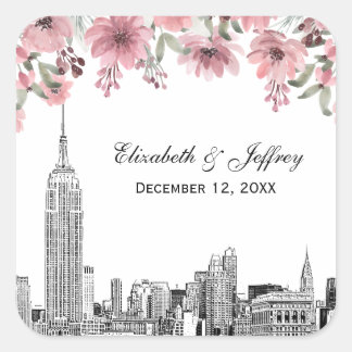 NYC Skyline ESB Etch Pink Floral Watercolor Square Sticker