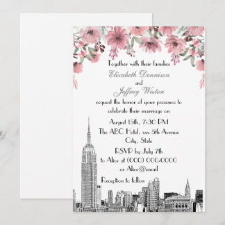 NYC Skyline ESB Etch Pink Floral Wedding Invitation