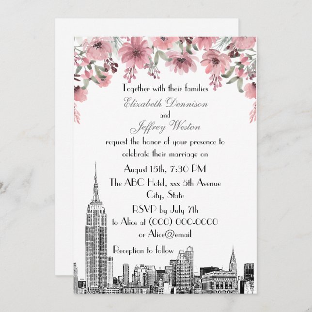 NYC Skyline ESB Etch Pink Floral Wedding Invitation (Front/Back)
