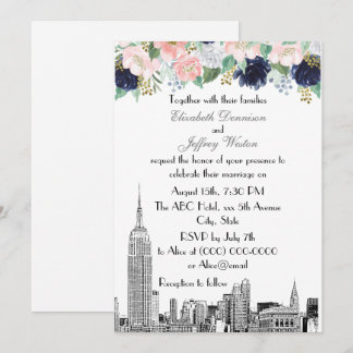 NYC Skyline ESB Etch Pink Wht Blue Gold Floral Invitation