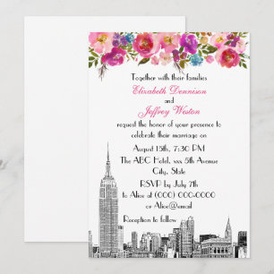 NYC Skyline ESB Etch Spring Pink Floral Wedding Invitation