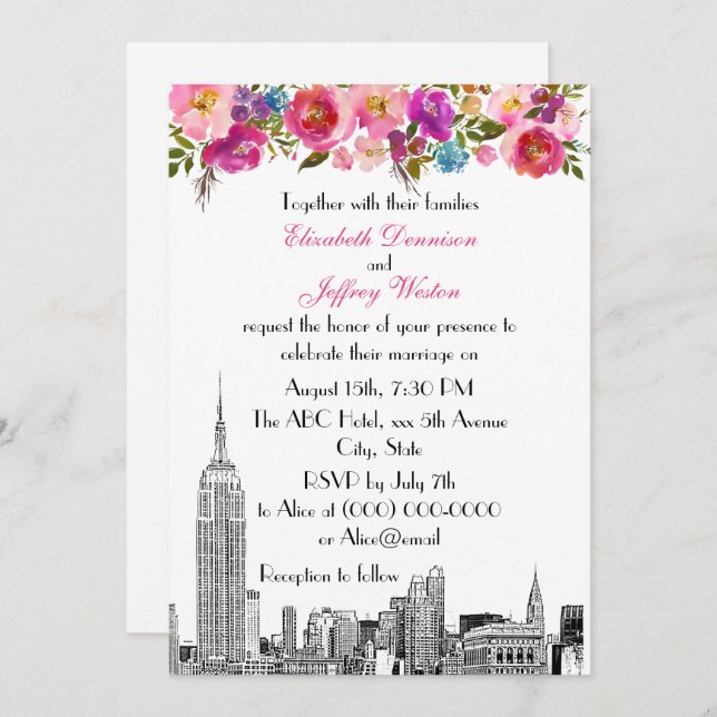 NYC Skyline ESB Etch Spring Pink Floral Wedding Invitation (Front/Back)