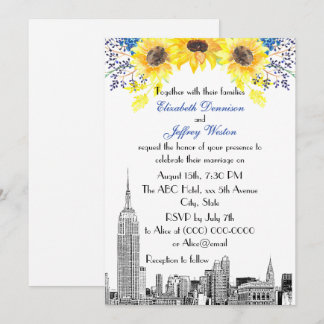NYC Skyline ESB Etch Sunflower #2 Floral Wedding Invitation