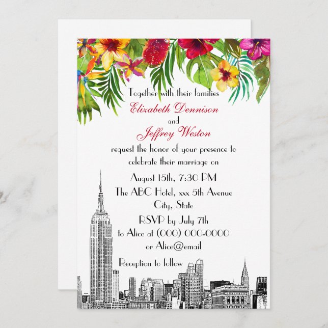 NYC Skyline ESB Etch Tropical Floral Wedding Invitation (Front/Back)
