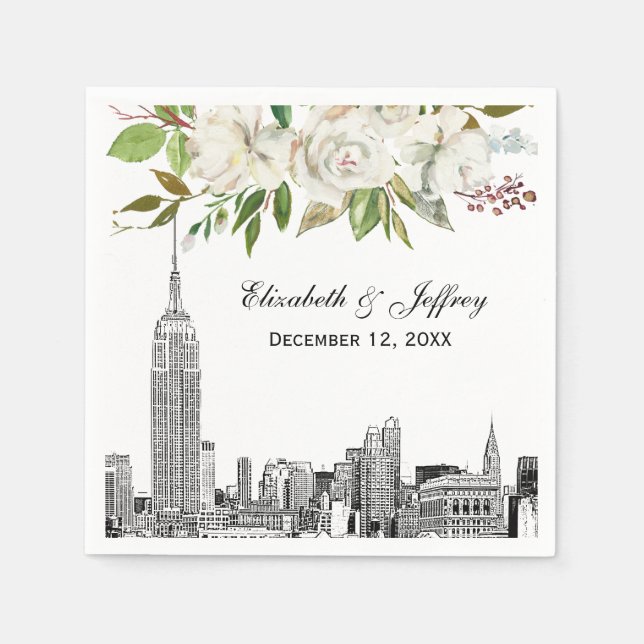 NYC Skyline ESB White Floral Watercolor Wedding Napkin (Front)