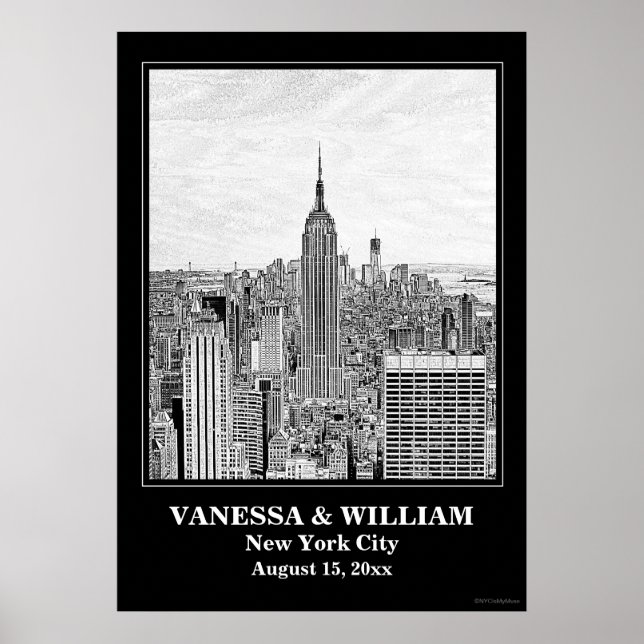 NYC Skyline ESB WTC Etch BW Wedding Poster (Front)