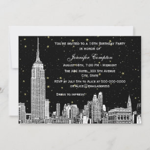 NYC Skyline Etch Starry DIY BG Colour SQ Sweet 16 Invitation