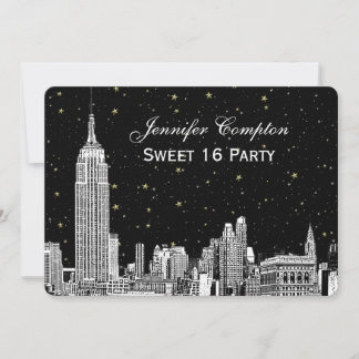 NYC Skyline Etch Starry DIY BG Colour SQ Sweet 16 Invitation