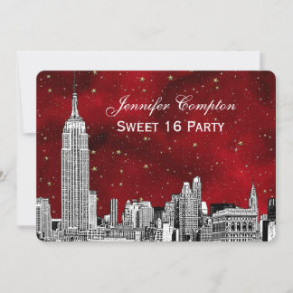 NYC Skyline Etch Starry Red BG SQ Sweet 16 H Invitation