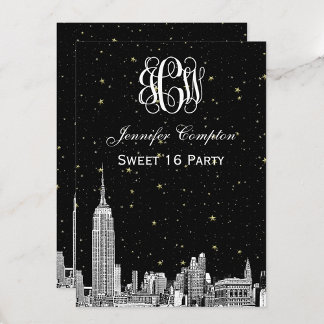 NYC Skyline Etchd Starry Vine Font DIY BG Sweet 16 Invitation