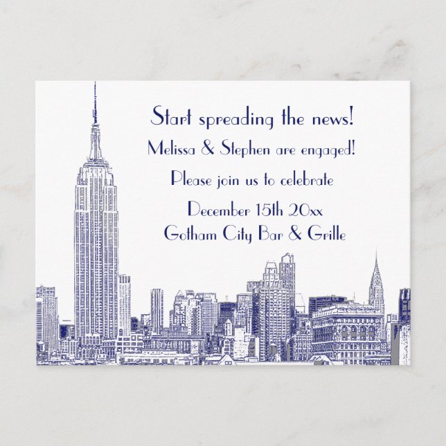 NYC Skyline Etched 01 Engagement Party Blue Invitation Postcard (Front)