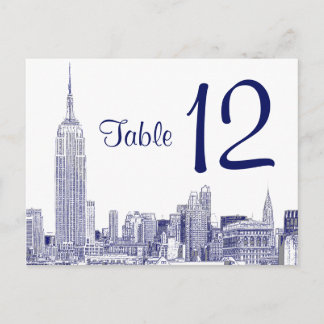 NYC Skyline Etched 01 Table Number Blue Postcard