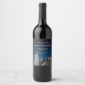NYC Skyline Etched #2 Starry Blue Gradient BG Wine Label