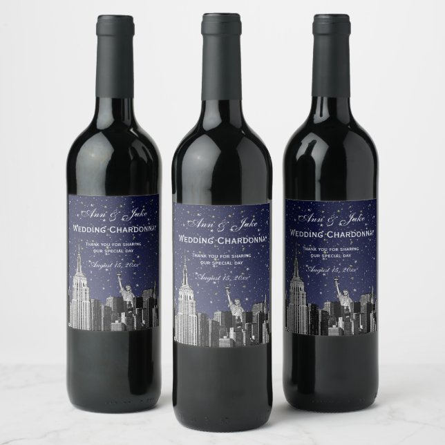 NYC Skyline Etched #2 Starry Blue Gradient BG Wine Label (Bottles)