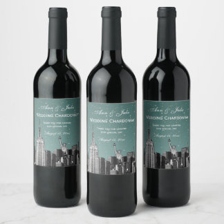 NYC Skyline Etched #2 Starry Turq Aqua Gradient BG Wine Label