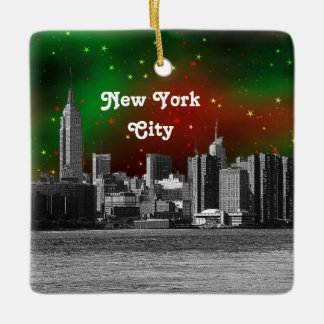 NYC Skyline Etched ESB Red and Green Starry Xmas Ceramic Tree Decoration