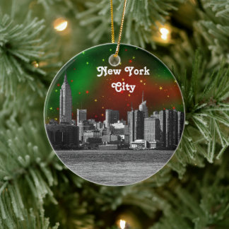 NYC Skyline Etched ESB Red and Green Starry Xmas Ceramic Tree Decoration