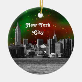 NYC Skyline Etched ESB Red and Green Starry Xmas Ceramic Tree Decoration