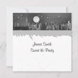 NYC Skyline Etched Look Moon Black 2 Sweet 16 SQ Invitation