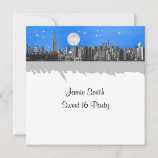NYC Skyline Etched Look Moon Lt Blue 2 Sweet 16 SQ Invitation